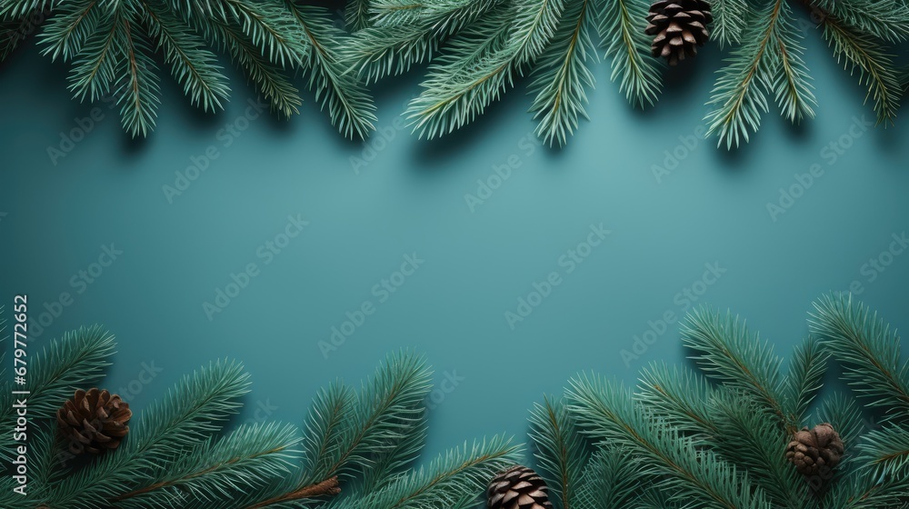 a blue christmas background with pine cones and fir tree branches on a blue background with a place for a text. a blue christmas background with pine cones and fir tree branches on a blue background with a place for a text.