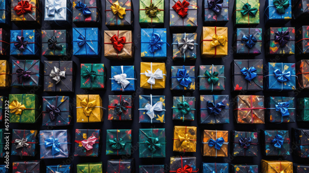 Colorful gift boxes with ribbons and bows on black background.