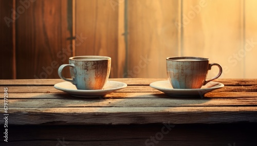 A Cozy Morning with Two Steaming Cups of Coffee on a Rustic Wooden Table