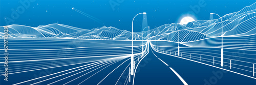 Road in the mountains. Night highway. Outline illustration on blue background. Snow hills. Moon and stars. Vector design art landscape