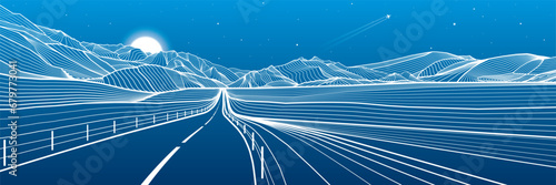 Road in the mountains. Night highway. Outline illustration on blue background. Snow hills. Moon and stars. Vector design art landscape