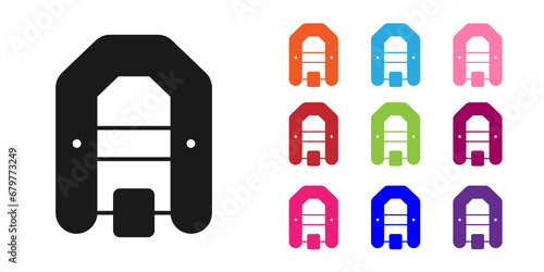 Black Rafting boat icon isolated on white background. Inflatable boat with paddles. Water sports, extreme sports, holiday, vacation. Set icons colorful. Vector