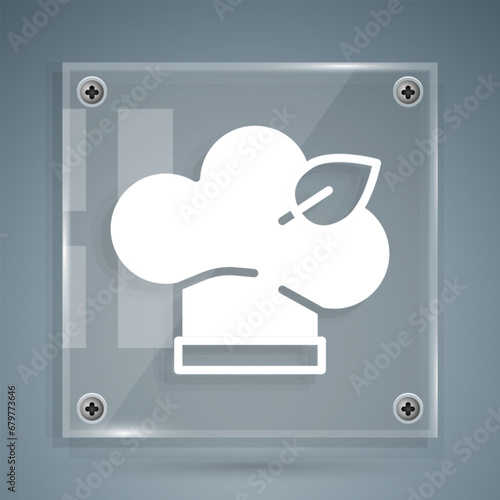White Vegan food diet icon isolated on grey background. Organic, bio, eco symbol. Vegan, no meat, lactose free, healthy, fresh and nonviolent food. Square glass panels. Vector