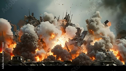 A series of synchronized explosions demolish a row of buildings, reducing them to rubble. photo