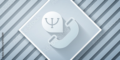 Paper cut Online psychological counseling distance icon isolated on grey background. Psychotherapy, psychological help, psychiatrist online consulting. Paper art style. Vector