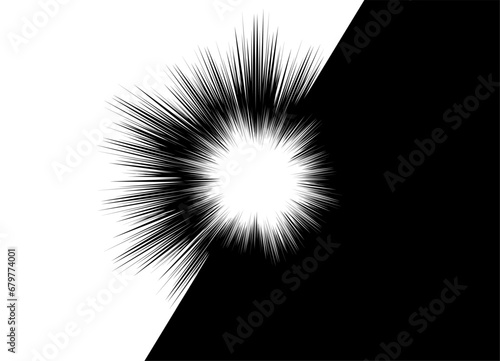 Vector background in the form of an abstract explosion with a flash in the center with a transition from black to white. Black and white vector pattern