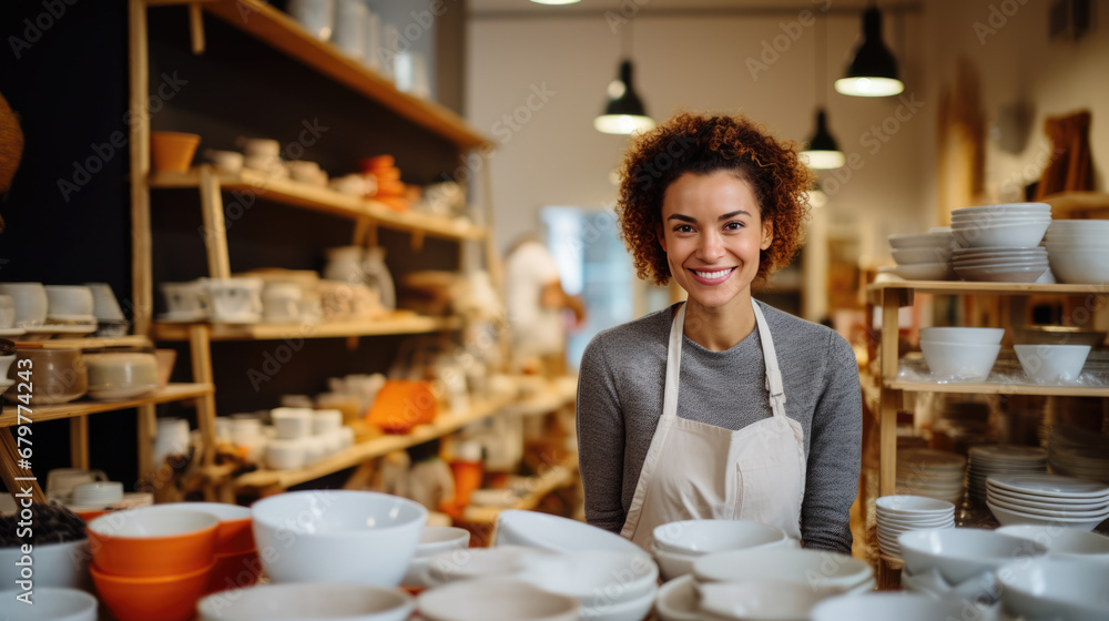 Happy woman standing in a pottery shop with shelves filled with various ceramic. Happy woman standing in a pottery shop with shelves filled with various ceramic.