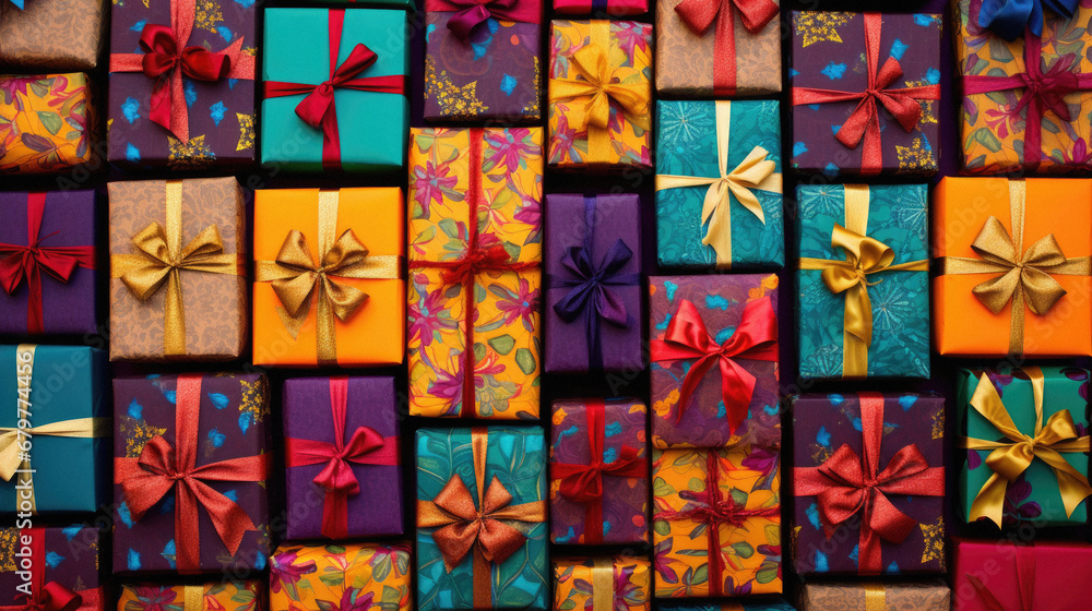 Colorful gift boxes with bows on a wooden background. Top view.