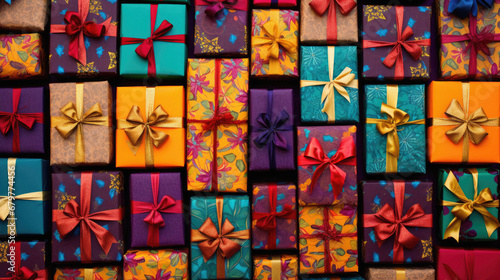 Colorful gift boxes with bows on a wooden background. Top view.