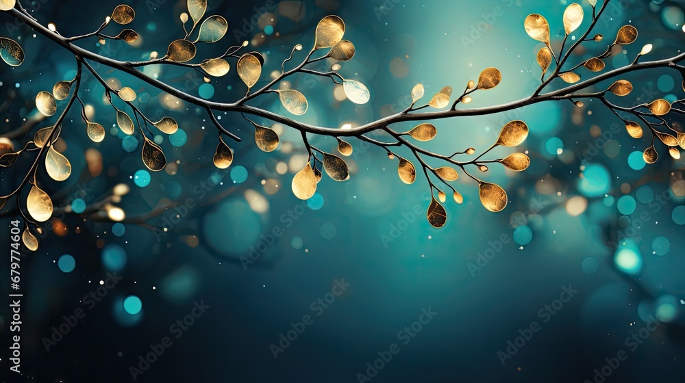 a close up of a branch with leaves on a blue background with boke of light coming from the branches. a close up of a branch with leaves on a blue background with boke of light coming from the branches.