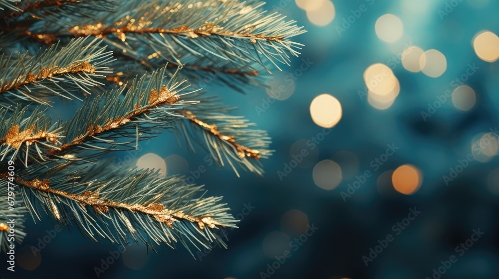  a close up of a pine tree branch with blurry lights in the background and a blue sky in the background.