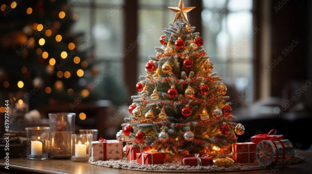 Festive Splendor: Christmas Tree and Decorations. Generative AI