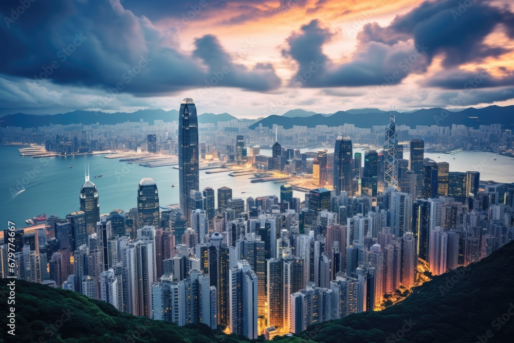 Fototapeta premium Hong Kong cityscape at sunset, Hong Kong Island, China, Skyline of Hong Kong Island and Kowloon from Victoria Peak, AI Generated