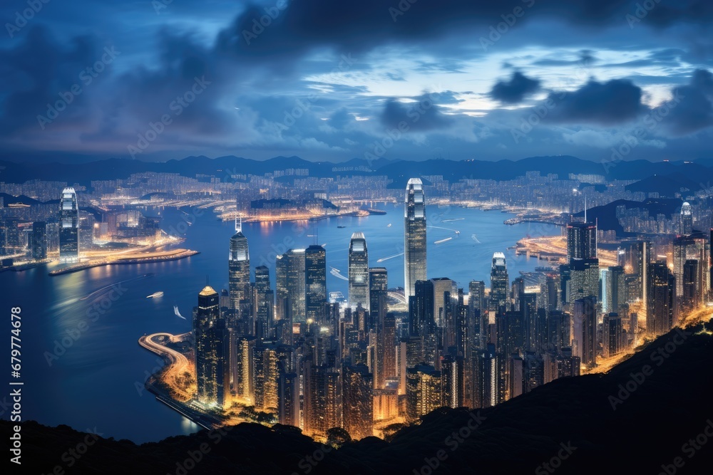 Hong Kong skyline at night, Hong Kong, China. View from Victoria Peak, Skyline of Hong Kong Island and Kowloon from Victoria Peak, AI Generated