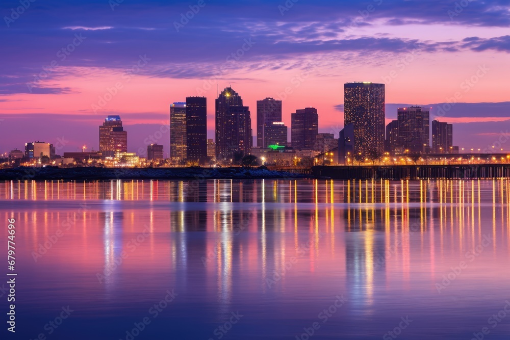 Boston Skyline at Dusk, Boston, Massachusetts, United States, Skyline of New Orleans with Mississippi River at Dusk, AI Generated