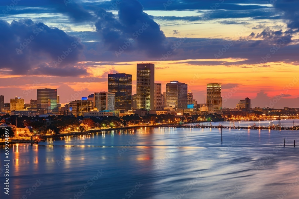 Naklejka premium Boston Skyline at sunset, Boston, Massachusetts, United States, Skyline of New Orleans with Mississippi River at Dusk, AI Generated