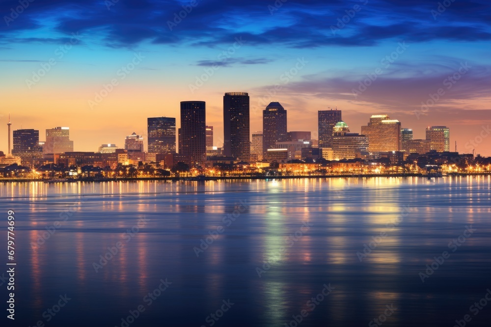 Fototapeta premium Miami city skyline at dusk with reflection on water, Florida, USA, Skyline of New Orleans with Mississippi River at Dusk, AI Generated