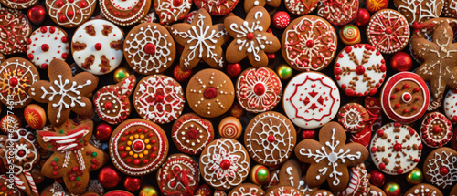 Christmas gingerbread cookies with snowflakes and colorful ornaments.