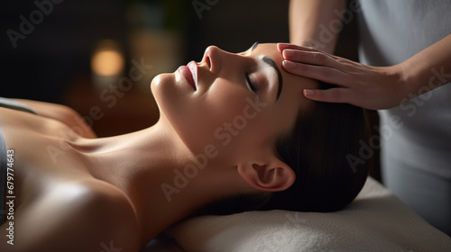 Woman is lying face up, eyes closed, appearing serene and relaxed as she receives a head massage from a male therapist in a tranquil spa environment.