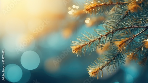  a close up of a pine tree branch with blurry lights in the background and a blurry boke of light in the foreground.