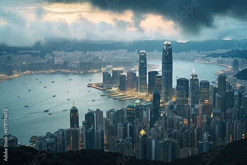 Hong Kong skyline at sunset, Hong Kong Island, China. Hong Kong is the most densely populated island in the world, Skyline of Hong Kong Island and Kowloon from Victoria Peak, AI Generated