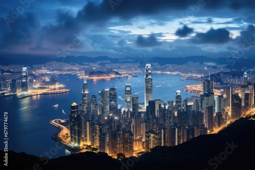 Hong Kong skyline at night, Hong Kong, China. View from Victoria Peak, Skyline of Hong Kong Island and Kowloon from Victoria Peak, AI Generated