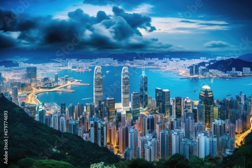 Hong Kong city skyline at night  Hong Kong island  China  Skyline of Hong Kong Island and Kowloon from Victoria Peak  AI Generated