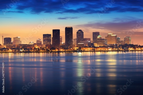 Miami city skyline at dusk with reflection on water  Florida  USA  Skyline of New Orleans with Mississippi River at Dusk  AI Generated