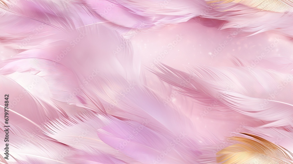  a close up of a pink and yellow background with lots of feathers on the bottom and bottom of the image.