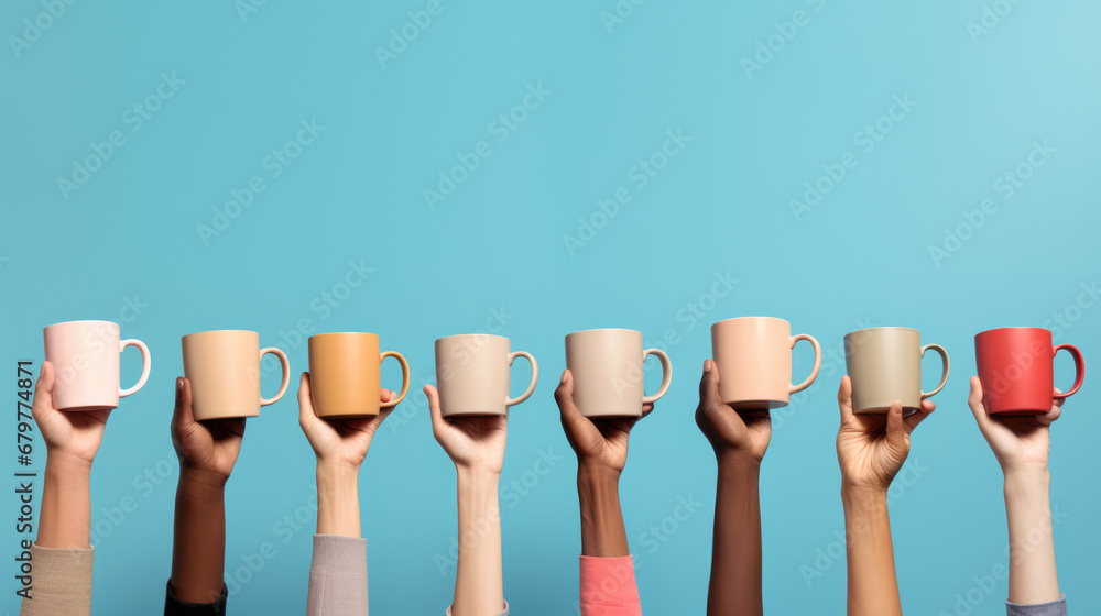 Multiple hands of diverse skin tones are raised, each holding a different colored mug against a blue background. - obrazy, fototapety, plakaty 