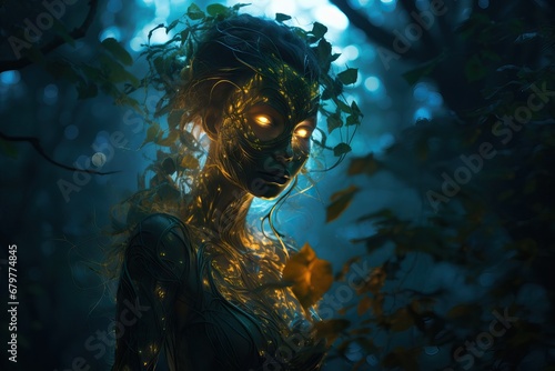 Fantasy beautiful dryad woman in fairy forest. Fabulous mythical creature symbolizing Earth. Magic character  pagan spirit of the forest. Nature and man concept 