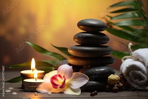 Spa still life with zen stones  orchid flower and candle on wooden background  Spa concept with eucalyptus oil and eucalyptus leaf extract natural  organic spa cosmetics products  AI Generated