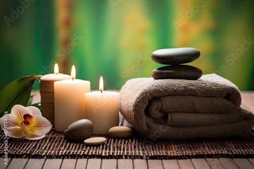 Spa setting with candles, towel and orchid flowers on bamboo mat, Spa concept with eucalyptus oil and eucalyptus leaf extract natural /organic spa cosmetics products, AI Generated