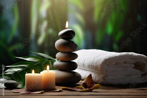 Spa stones with candles and towel on wooden table against blurred background, Spa concept with eucalyptus oil and eucalyptus leaf extract natural /organic spa cosmetics products, AI Generated