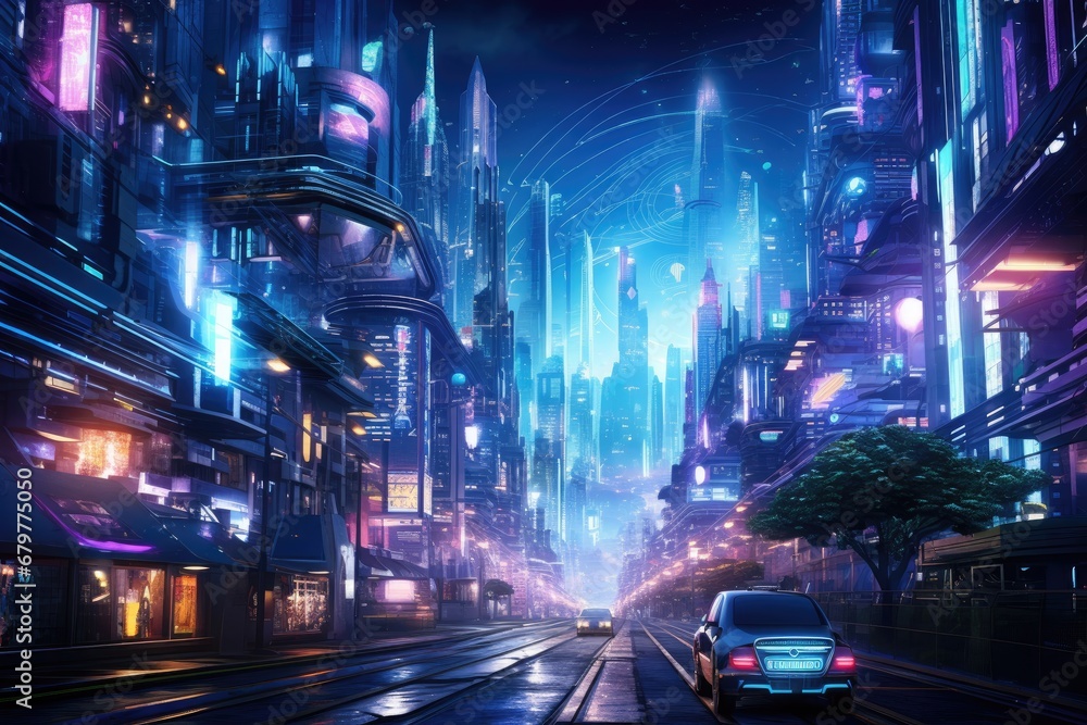 Night city street at night with cars on the road. 3d rendering, Spectacular nighttime in cyberpunk city of the futuristic fantasy world features skyscrapers, flying cars, and neon, AI Generated