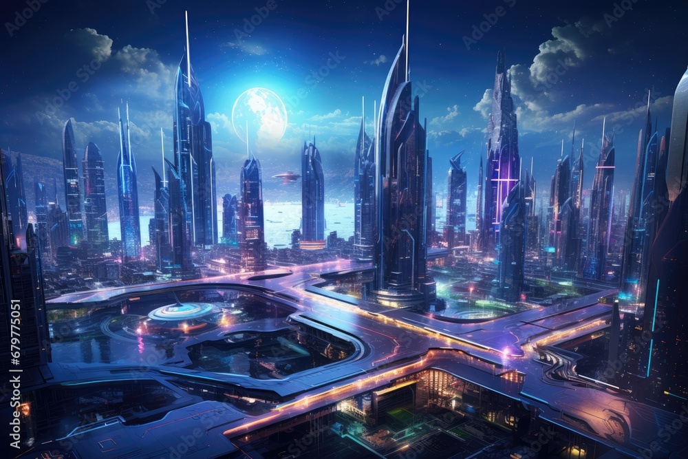 Futuristic city at night with skyscrapers and high-rise buildings, Spectacular nighttime in cyberpunk city of the futuristic fantasy world features skyscrapers, flying cars, and neon, AI Generated