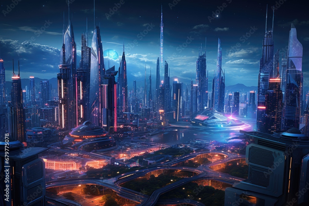 Futuristic city with skyscrapers and high-rise buildings, Spectacular nighttime in cyberpunk city of the futuristic fantasy world features skyscrapers, flying cars, and neon lights, AI Generated
