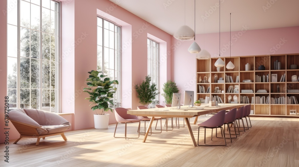 a room with a table, chairs, bookshelves and a potted plant in the center of the room. a room with a table, chairs, bookshelves and a potted plant in the center of the room.