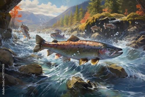 3D illustration of a salmon in the water with mountains in the background, spawning salmon in a beautiful river, AI Generated photo