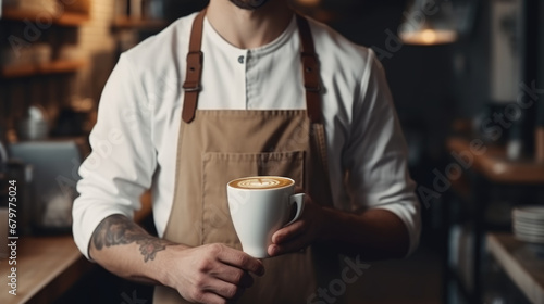 A barista in a brown apron is offering a takeaway coffee cup, focusing on the cup with a softly blurred background.