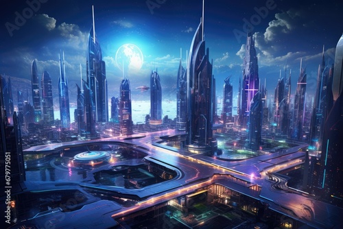 Futuristic city at night with skyscrapers and high-rise buildings  Spectacular nighttime in cyberpunk city of the futuristic fantasy world features skyscrapers  flying cars  and neon  AI Generated