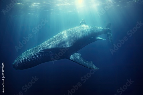 Humpback whale in the deep blue sea. 3d rendering, Sperm whale next to a Freediver, AI Generated