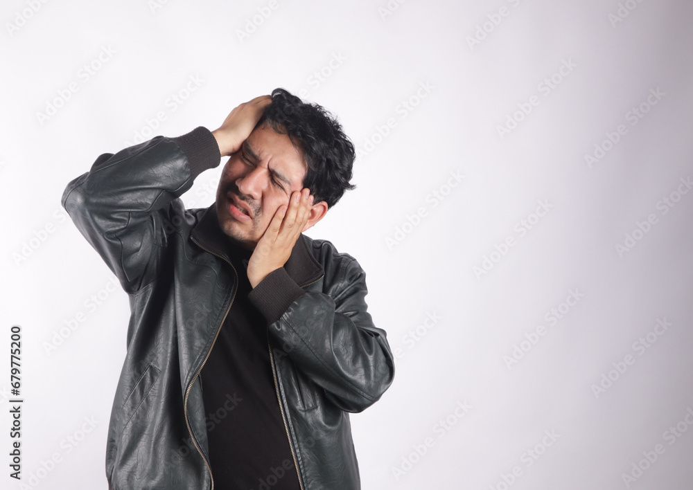 Photograph of person with headache. Concept of health and diseases. Photograph of person with headache. Concept of health and diseases.