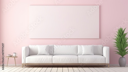  a living room with a pink wall and a white couch in front of a large blank canvas on the wall.