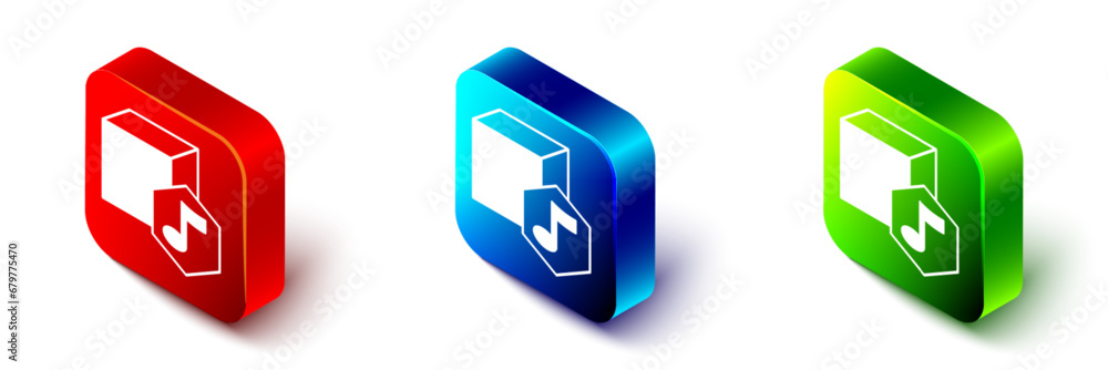Isometric NFT Digital crypto art icon isolated on white background. Non fungible token. Red, blue and green square button. Vector - obrazy, fototapety, plakaty 