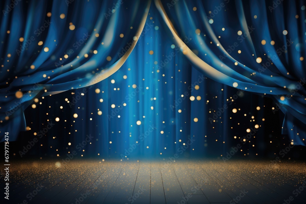 Blue theater curtain with golden lights and spotlights. 3d rendering, Spotlight on blue curtain background and falling golden confetti, AI Generated - obrazy, fototapety, plakaty 