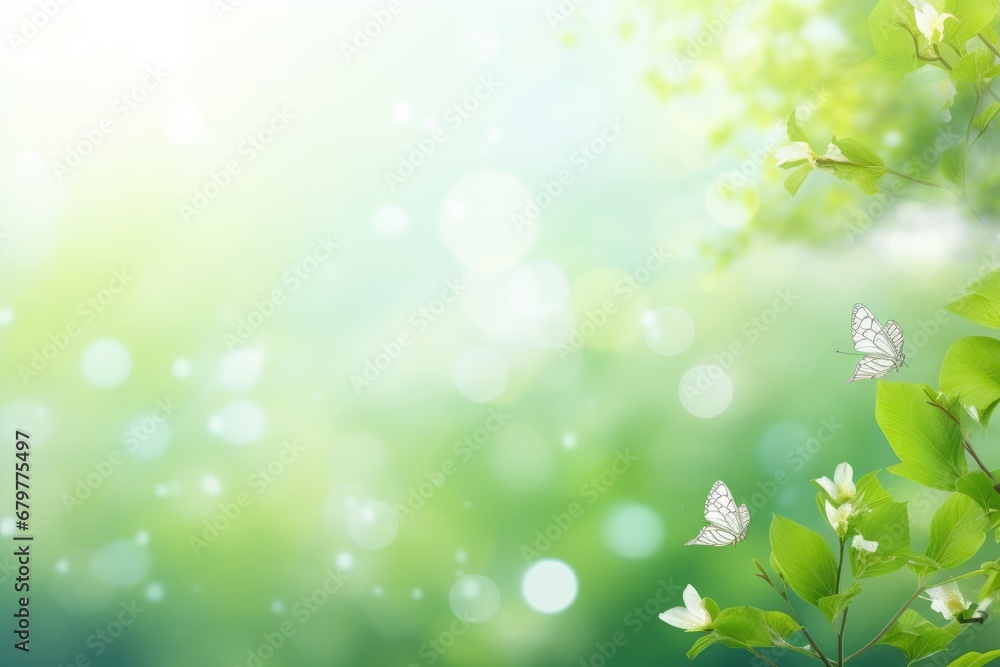 Spring background with green leaves and white butterflies. Nature bokeh, spring background or summer background with fresh green, AI Generated