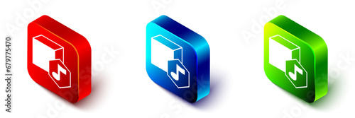 Isometric NFT Digital crypto art icon isolated on white background. Non fungible token. Red, blue and green square button. Vector