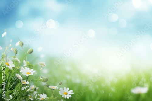 Green meadow with daisies and bokeh effect, spring background or summer background with fresh green, AI Generated