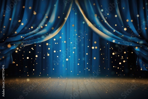 Blue theater curtain with golden lights and spotlights. 3d rendering, Spotlight on blue curtain background and falling golden confetti, AI Generated